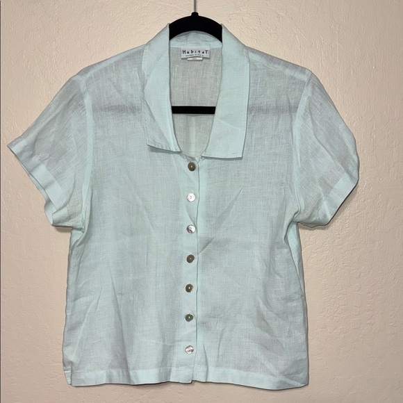 Habitat Tops - Habitat Womens Mint Green 100% Linen Button Front Short Sleeve Shirt Size M 4238